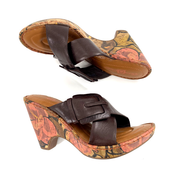 Born Crown Cross Strap Floral Cork Heel Sandals Sz 38/7.5 Brown Leather Buckle - Picture 2 of 10